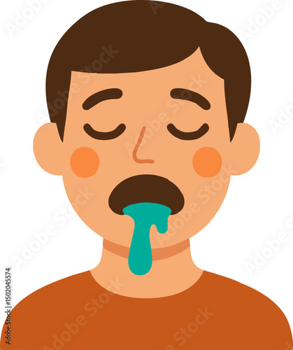 Flat Vector Illustration of a Person with Eyes Closed and Mouth Open, Drooling Green Liquid, Depicting Symptoms of Nausea, Illness, or Food Poisoning