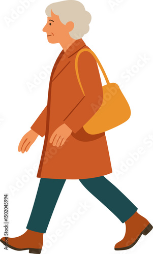 Flat Vector Illustration of a Stylish Pedestrian in a Brown Coat and Orange Bag, Capturing Autumn Fashion, Urban Energy, and Seasonal Aesthetics