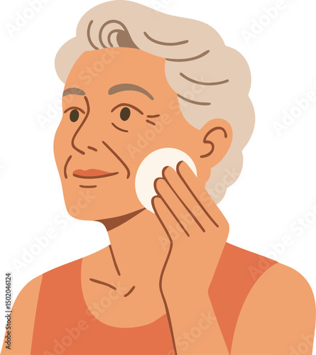 Flat Vector Illustration of a Old Woman with Short, Curly Hair Applying Makeup with a Thoughtful Expression, Wearing a Sleeveless Top in a Minimalist Style