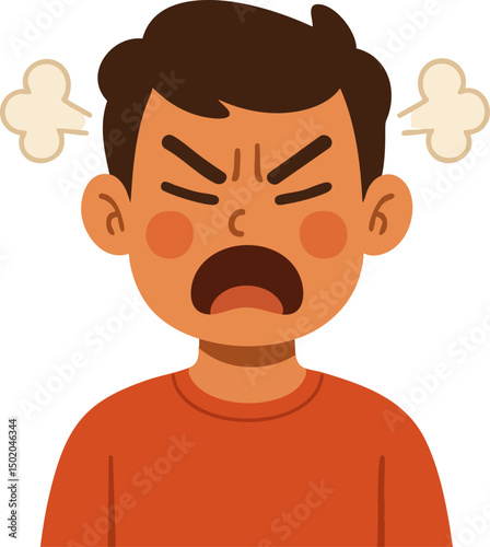 Flat Vector Illustration of an Angry Person with Dark Hair and a Red Shirt, Screaming with Steam Blowing Out of Ears, Expressing Frustration and Rage