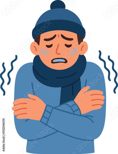 Flat Vector Illustration of a Cold Person Shivering in Winter Clothing with Arms Crossed, Wavy Lines Indicating Freezing Temperature and Chilly Weather
