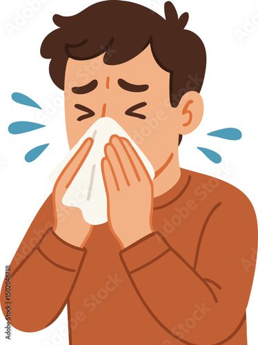 A Detailed Flat Vector Illustration of a Person Sneezing into a Tissue, Highlighting Common Cold Symptoms, Hygiene Practices, and Prevention of Germ Spread