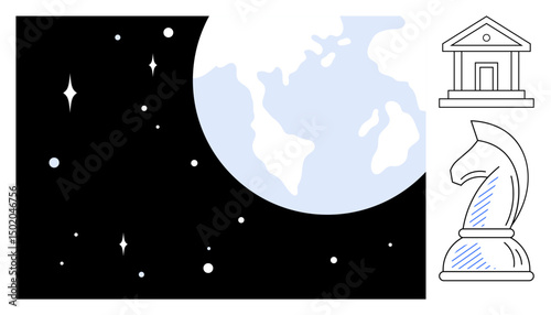 Earth surrounded by stars represents world context. Knight chess piece symbolizes strategic thinking. Building suggests governance or law. Ideal for strategy, politics, institutions, universal