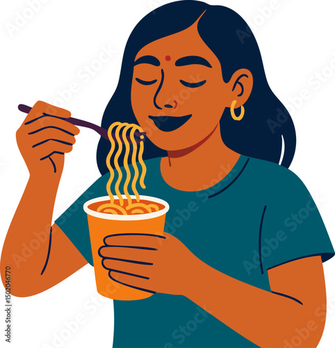 Flat Vector Illustration of a Person Enjoying a Cup of Instant Noodles with a Fork, Emphasizing the Convenience and Popularity of Quick Meal Options