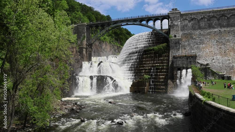 water cascading down waterfall at croton dam (man made and natural drinking water reservoir) westchester new york landmark with old bridge (tourism travel hiking destination) nature landscape