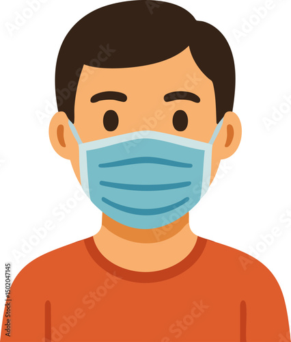 Flat Vector Illustration of a Person Wearing a Blue Surgical Face Mask and an Orange Shirt, Representing Health Precautions and Safety Measures During a Pandemic