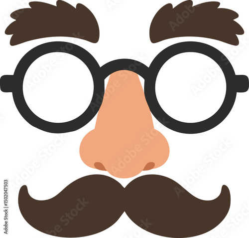 Humorous Disguise Illustration Featuring Black Glasses, Thick Eyebrows, Large Nose, and Brown Mustache in Flat Vector Style
