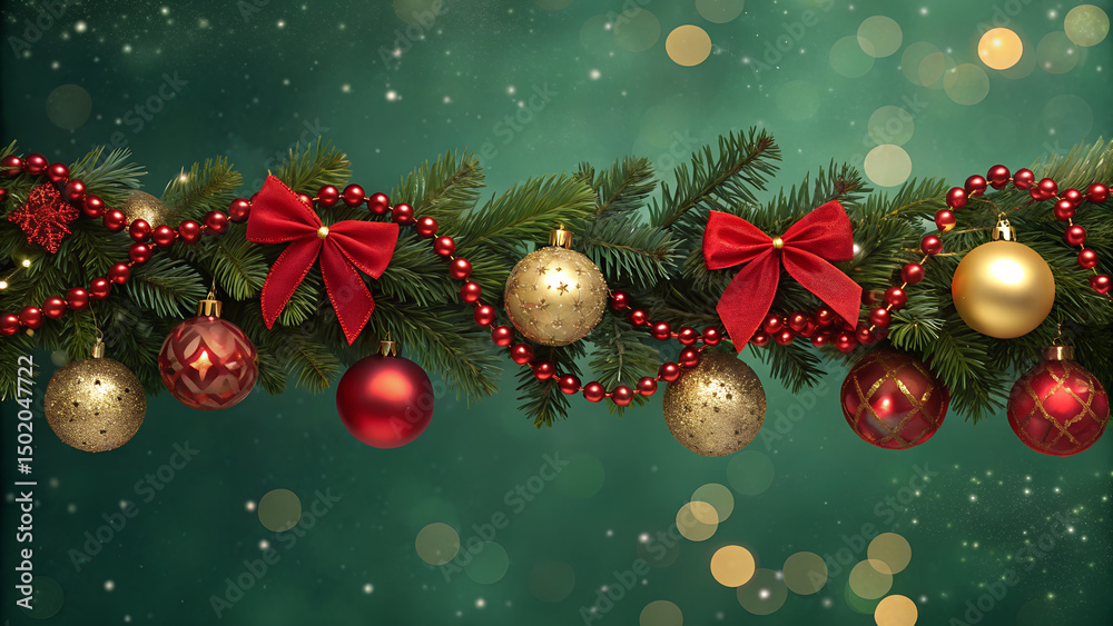 Naklejka premium Festive Christmas Garland with Red and Gold Ornaments and Bows