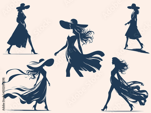 Elegant Fashion Woman Silhouettes in Black and White, Chic Style Illustrations in Minimalist Design