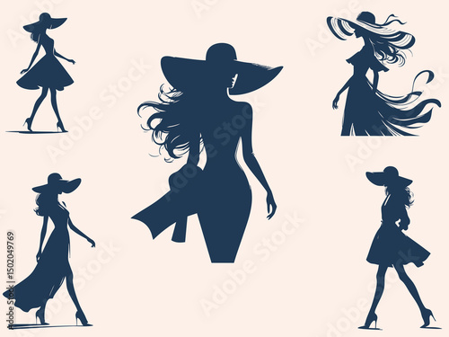 Elegant Fashion Woman Silhouettes in Black and White, Chic Style Illustrations in Minimalist Design