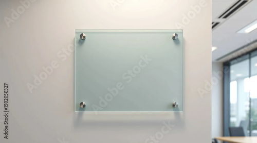 Blank glass nameplate design mockup, Signplate mock up on the wall near office entrance interior. Signage panel door number template. Clear printing sign board for branding near store