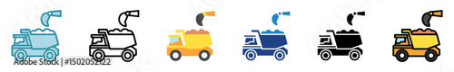Dumpers multi style, mini illustration icon set. outline, flat, glyph, line color. vector for UI, UX, app, web, digital or print, related to industry, construction, civil engineering.