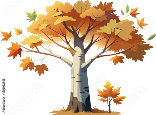 A watercolor painting of an American Sycamore (Platanus occidentalis), with mottled bark and broad palmate leaves, isolated on a white background. 