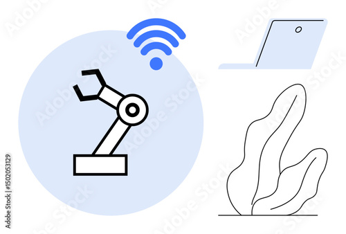 Robotic arm with wireless signal, laptop, and plant illustration combining technology, automation, and nature. Ideal for innovation, IoT, tech design, smart devices connectivity robotics simple