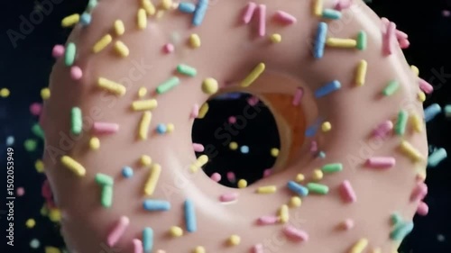 An appetizing doughnut with a sweet pink frosting covered in colorful sprinkles