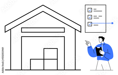 Worker with clipboard inspecting stacked boxes by warehouse. Checklist indicates completed tasks. Ideal for logistics, supply chain, quality control, inventory management, planning, organization