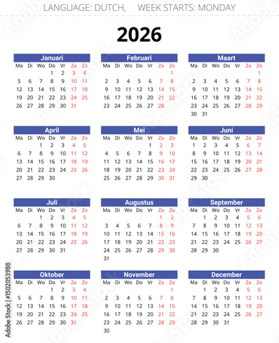 2026 dutch calendar. Printable, editable vector illustration Dutch. 12 months year kalender