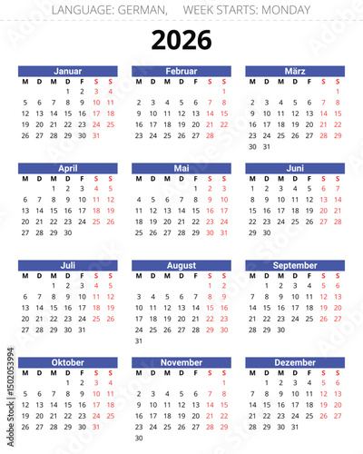 2026 year GERMAN calendar. Vector illustration Germany