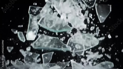 Shattered glass with sharp fragments flying through the air against a dark background, symbolizing destruction or damage