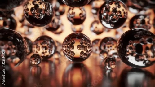 Abstract image featuring a cluster of spherical objects with intricate details. The spheres are set against a warm, glowing backdrop, creating a mesmerizing visual effect.
