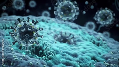 Microscopic view of the virus cell. The image portrays a complex network of cells with the virus in focus. The image seeks to offer a scientific perspective into the molecular realm. 