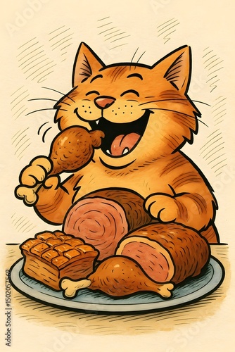 A happy cat eating a feast with a variety of roast meat