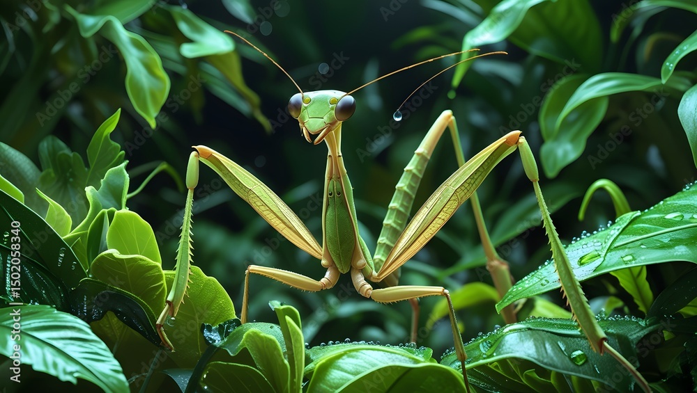 Naklejka premium High-detail image of a praying mantis camouflaged among green leaves in a natural jungle setting