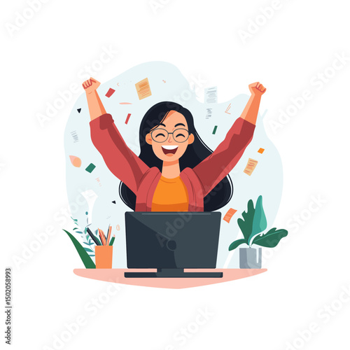 Happy woman working in laptop flat vector design