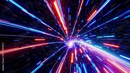 Futuristic light speed travel through colorful neon tunnel with dynamic streaks