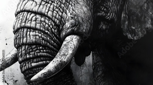 A close-up sketch highlighting the texture of an elephant's skin and tusks under a glowing sky