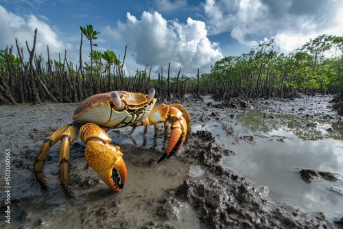 Large crab on muddy shore