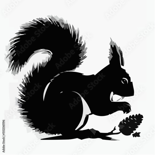 Black silhouette of a squirrel holding a pine cone on a white background  