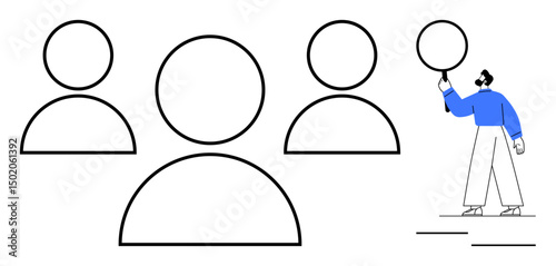 Abstract human icons with one figure holding magnifying glass targeting individual focus within teamwork. Ideal for recruitment, hiring, leadership, collaboration, analysis, HR, simple landing page