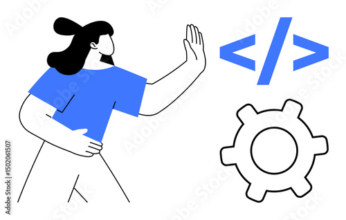 Woman raising hand in stop gesture beside code brackets and gear icon symbolizing technological boundaries. Ideal for programming, regulation, privacy, technology ethics, innovation limits, coding