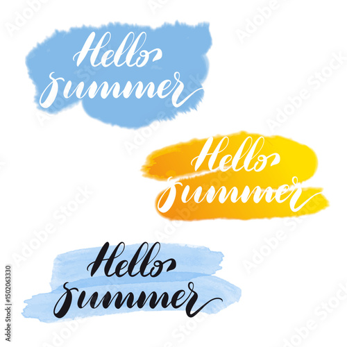 Hand drawing lettering Hello summer on watercolor paintbrush background.