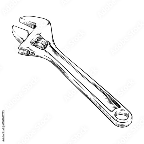 vector line art drawing illustration of a adjustable wrench