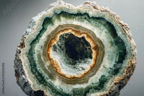 A captivating cross-section reveals a geode's inner beauty, showcasing concentric bands of green, white, and brown hues.