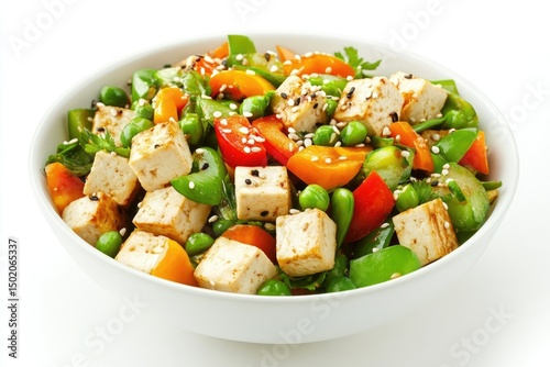 A vibrant bowl of tofu salad with mixed vegetables, peas, and sesame seeds in a white bowl.