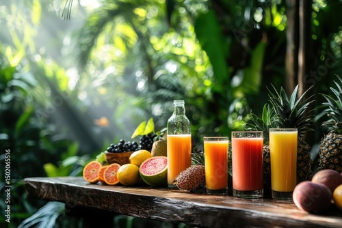 Fresh fruit and juice arrangement on a rustic wooden table in a lush tropical setting.