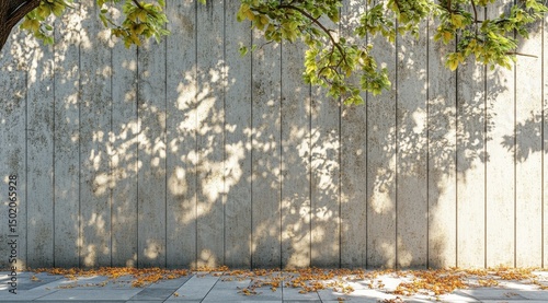 Sun-dappled leaves cast shadows on a light grey concrete wall; autumn leaves litter the ground below