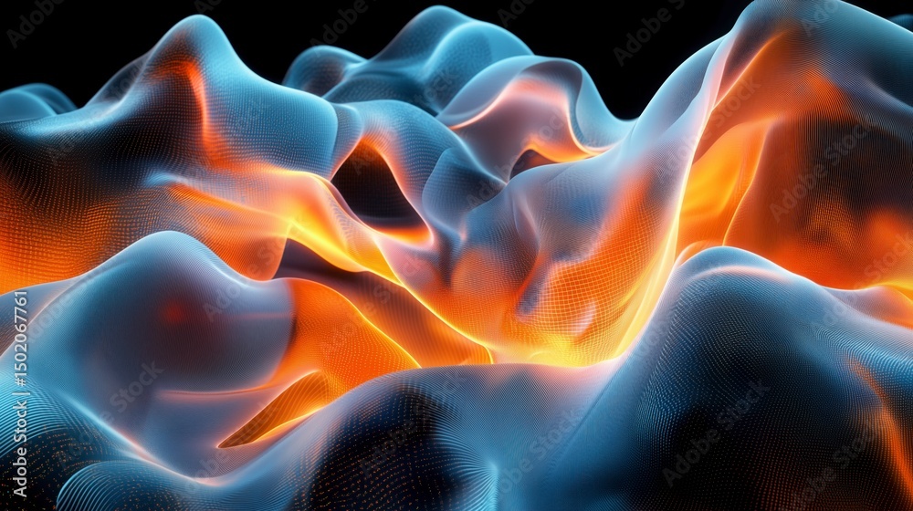 Obraz premium Abstract rendered three dimensional digital surface with vibrant orange and blue glowing background