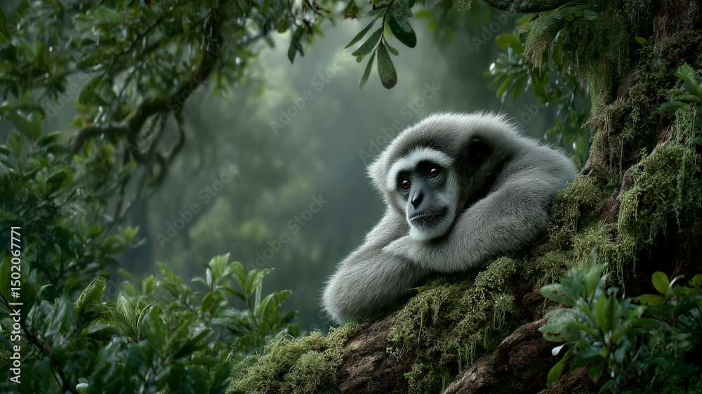 Obraz premium Majestic Javan gibbon resting on a branch in lush rainforest atmosphere