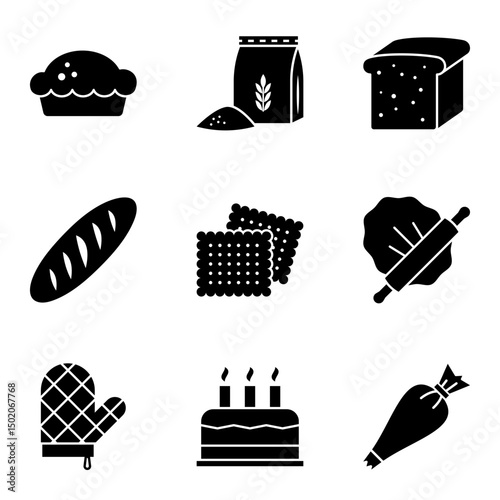 Set of black silhouette bakery icons representing various baked goods and baking tools.