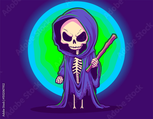 Cute Grim Reaper Cartoon Character. Grim reaper Halloween symbol design. Skeleton in Halloween day. Spooky and horror Element design for banner, poster, flyer. Flat Style Vector Illustration