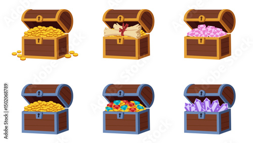 Flat Vector Illustration of Various Treasure Chests Filled with Gold, Gems, Scrolls, and Crystals