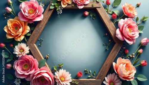 Intricate floral bouquet within a hexagon frame, vector, decor, leaf
