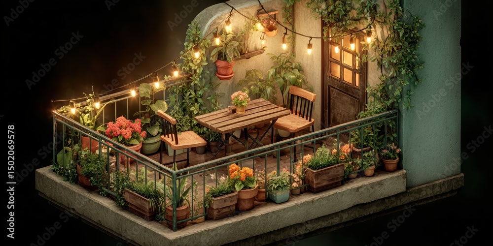 Fototapeta premium 3D cute cartoon balcony garden with string lights and an array of tiny flower pots, cozy outdoor space with wooden table and chairs surrounded by lush greenery