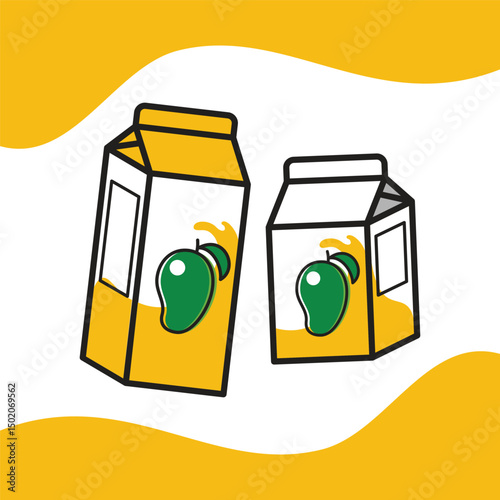 A fun and colorful illustration of two yellow and white juice cartons featuring a mango graphic. The design is clean and playful, perfect for summer-themed projects, food and beverage promotions