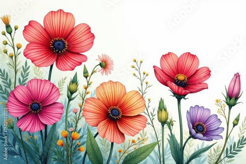 Intricate hand-drawn wildflowers, vibrant hues, continuous, floral pattern, spring