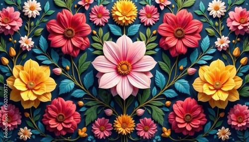 Intricate floral arrangement exhibiting a recurring motif , color, stem, vine